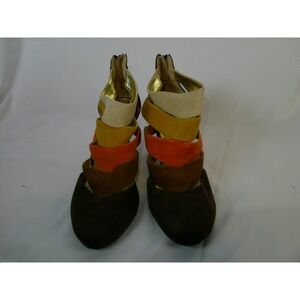 Classique Womens 8M Colorblock Strappy Heels Brown Orange Yellow Faux Suede Pump